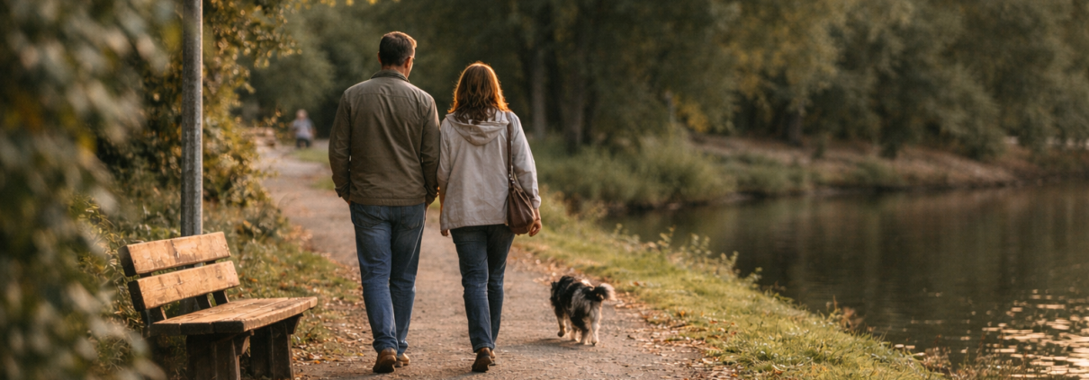 ein Paar geht mit dem Hund am See spazieren